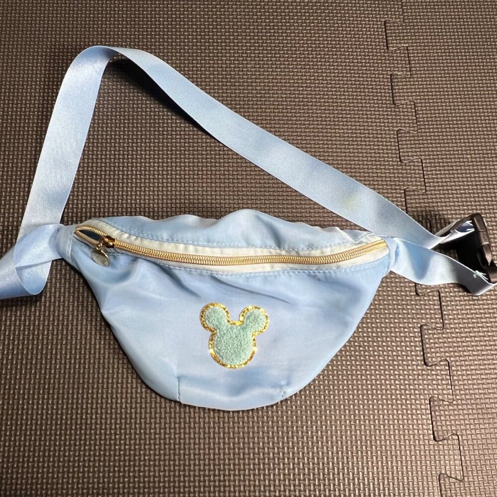 Disney-Inspired Light Blue Fanny Pack With Gold Zipper & Embroidered Mickey Patc
